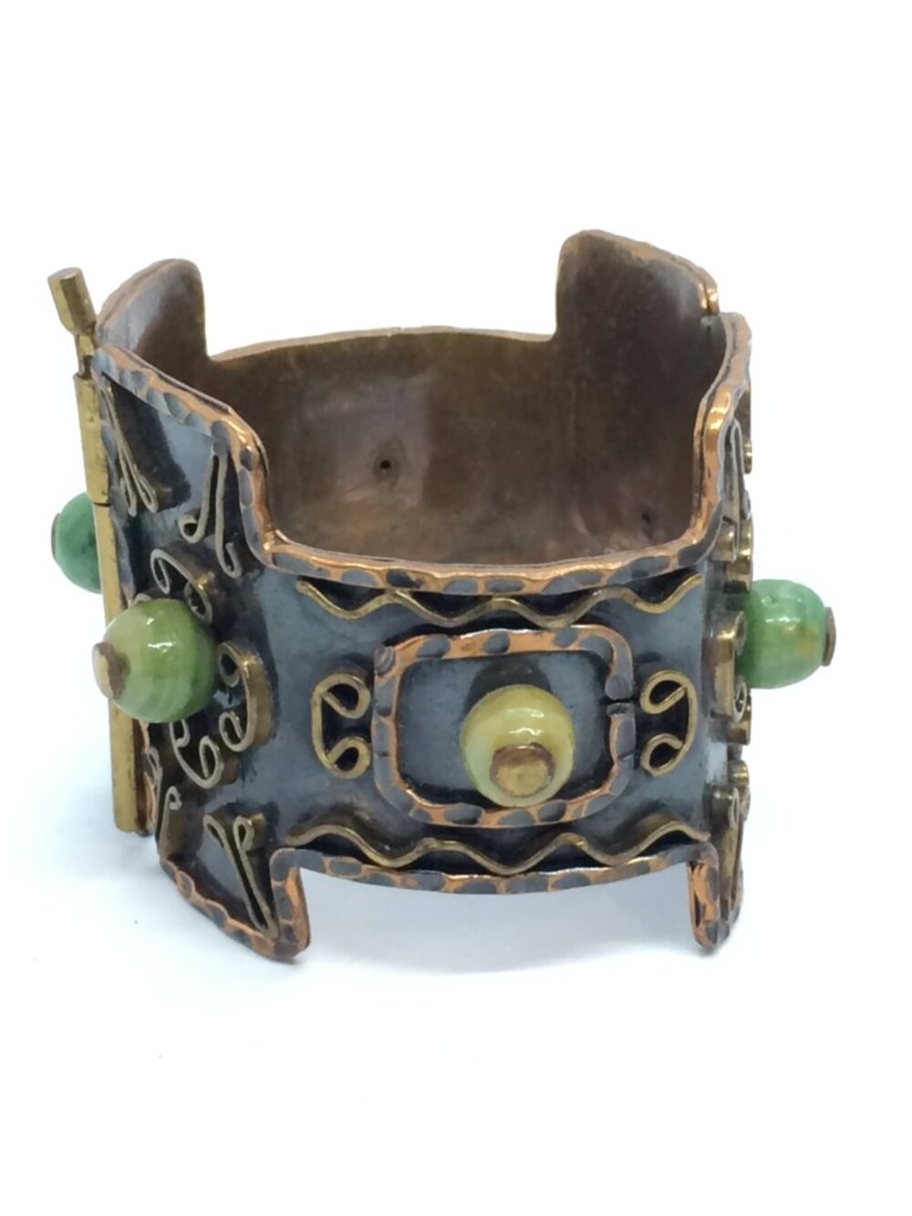 VINTAGE MEXICO BRACELET Casa Maya Copper Brass Green Onyx Hinged Cuff 1950s